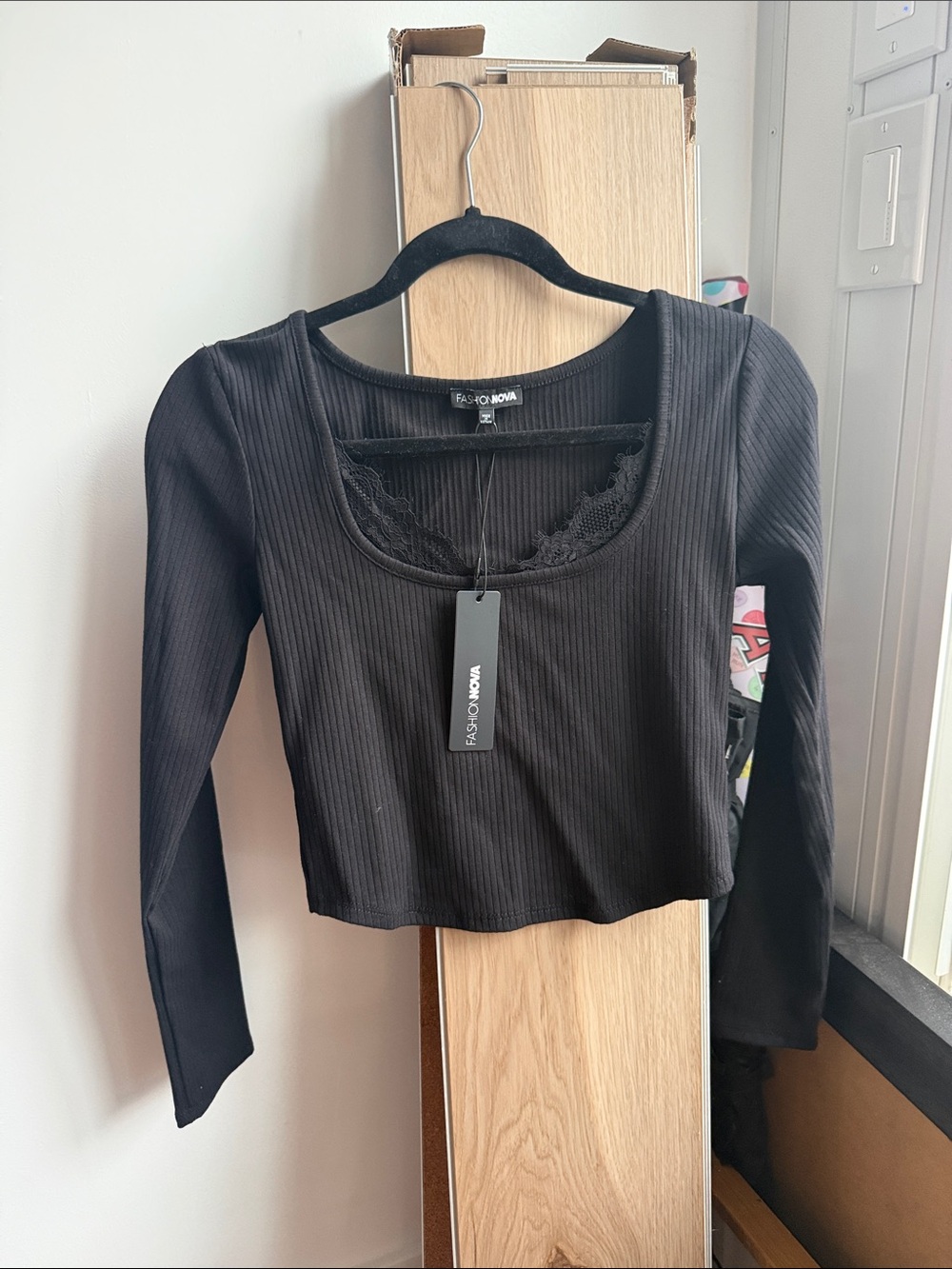 Fashion Nova Black Ribbed Long Sleeve Lace Trim Scoop Top